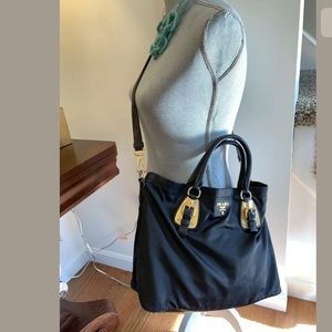 Prada Tessuto HandBag Black Nylon Leather Gold